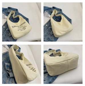Four views of off-white canvas hobo bag showing front, back, side and bottom detail