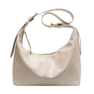 Minimalist creamy white hobo shoulder bag with a sleek crescent design and gold-tone hardware