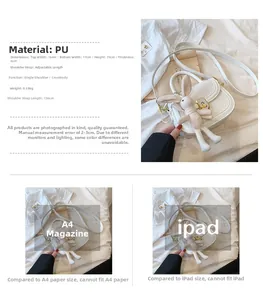 Detailed size specifications for the white PU saddle bag with a bunny charm pendant