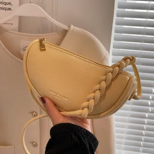 Women Fashion PU Leather Saddle Shoulder Bag Pebbled Texture Braided Strap Half Moon Crossbody Bag Minimalist Daily Handbag