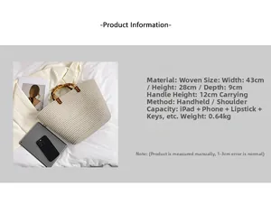 Detailed view of woven tote bag with bamboo handle and 43cm size specifications