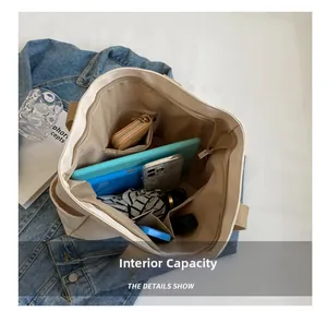 Internal capacity of minimalist canvas tote bag showing tablet and daily essentials