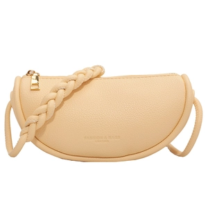 Chic beige half-moon saddle bag in pebbled leather with woven strap and gold hardware