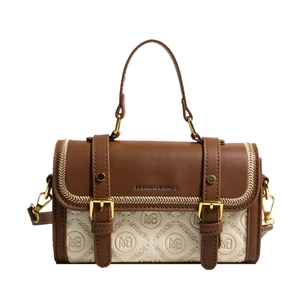 Borsa a tracolla retrò in pelle marrone e crema con manico superiore e dettagli moda