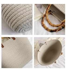 Detail of woven tote bag with bamboo handles and large capacity interior view