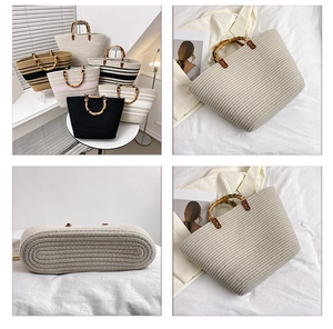 Detailed view of woven tote bag featuring a natural bamboo handle and oval reinforced base