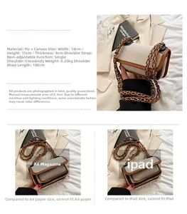 Detail view of canvas crossbody bag showing size 18x11x8cm and chain strap