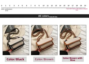 Detailed view of women's vintage square canvas bags in black and brown with chain straps