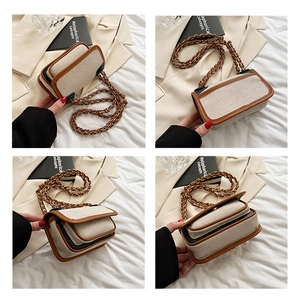 Detailed views of a beige canvas shoulder bag with brown leather trim and chain strap