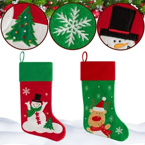 Close-up of Christmas stocking set featuring snowman and reindeer felt embroidery details