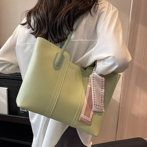 Large light green tote bag with decorative scarf, stylish women shoulder bag for commuting