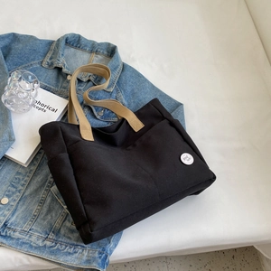 Women Large Capacity Canvas Tote Bag With Multi Pockets Casual Solid Color Shoulder Bag Contrast Handle Handbag Good Luck
