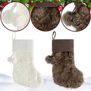 Set of white wavy fleece and brown faux fur Christmas stockings with plush pom-poms