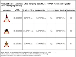 Size chart for glowing Christmas gnome pendants showing detailed product dimensions