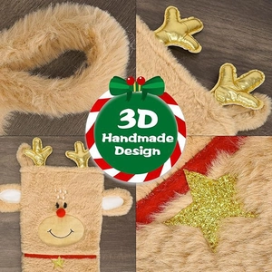 Handmade 3D reindeer Christmas stocking with plush fabric and golden deer antlers