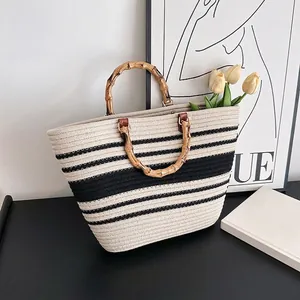 Women Fashion Woven Tote Bag Bamboo Handle Cotton Linen Large Capacity Striped Patchwork Handbag For Vacation Beach Travel