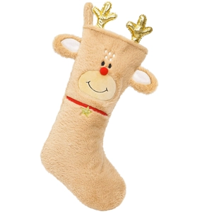 Plush reindeer Christmas stocking with golden antlers and red nose for fireplace hanging