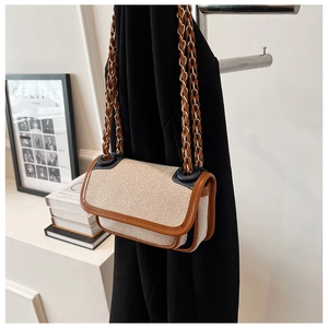 Detail of woven chain shoulder bag with brown trim and metallic interwoven strap