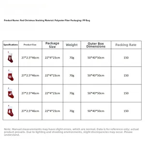 Size chart for red Christmas doll socks featuring reindeer and snowflake patterns