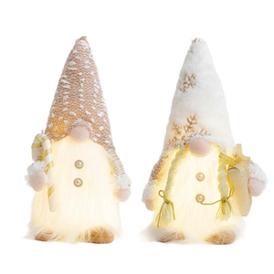 Set of two glowing Christmas gnomes with LED lights, sequins, and knit hats in gold and beige