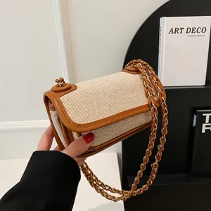 Retro Canvas Synthetic Leather Patchwork Crossbody Bag For Women Small Square Flap Bag With Braided Chain Strap Fashion
