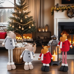 Set of 4 Christmas reindeer plush dolls with striped legs and scarves for festive home decor