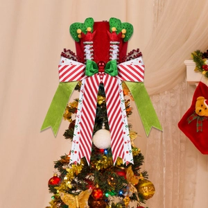 Elf hat and legs topper with a festive ribbon bow for Christmas tree decoration