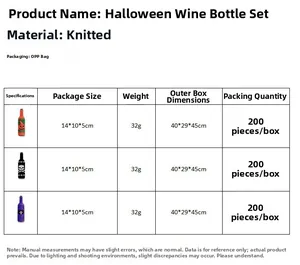 Tabella delle taglie per copribottiglie di vino Halloween lavorati a maglia con zucche