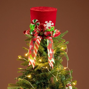 Red velvet top hat Christmas tree topper with antlers, lollipops and snowflakes