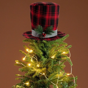 Christmas tree topper hat with red black plaid pattern, pine cones and berries