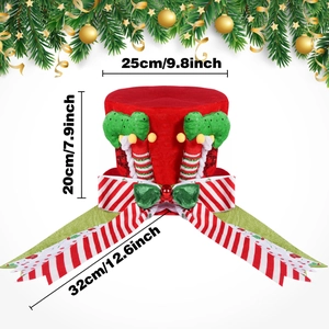 Red Christmas elf top hat tree topper with green legs and festive stripe accents