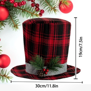Red and black buffalo plaid Christmas tree topper hat with berries and pine cones