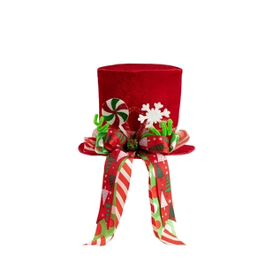 Festive red velvet Christmas tree topper hat with lollipop and snowflake accents