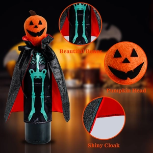 Halloween wine bottle cover featuring orange pumpkin head and skeleton print black cloak