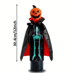 Halloween wine bottle cover with skeleton pumpkin design measuring 12 inch height