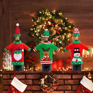 Three-piece Christmas wine bottle covers with Santa, reindeer, and snowman knit designs