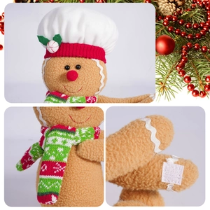 Gingerbread man plush Christmas tree hugger with chef hat and striped knitted scarf