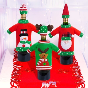 Detailed knit Christmas wine bottle covers featuring Santa, reindeer and snowman designs