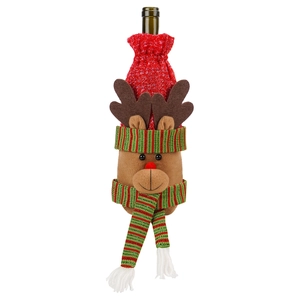 Detail of Christmas reindeer wine bottle cover with red knit fabric and striped scarf