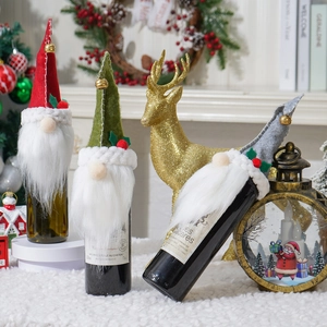 Three-piece Christmas gnome wine bottle covers set with plush beard and felt pointed hats
