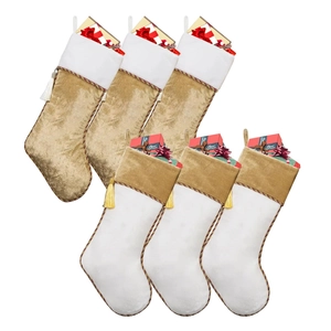 Set of 6 velvet Christmas stockings in gold and white with decorative tassels