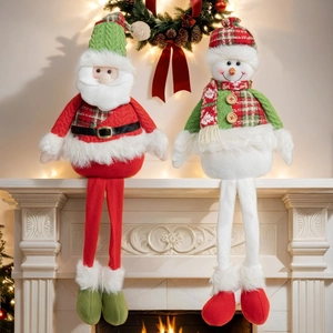 Christmas Santa Claus Snowman Long Leg Plush Doll Plaid Knit Ornament For Mantel Shelf Festive Home Holiday Decor Gift