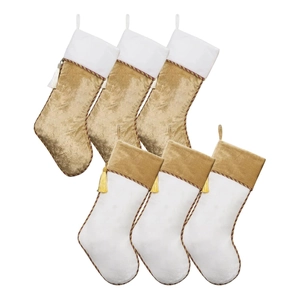 Set of 6 gold and white velvet Christmas stockings with decorative tassels and gold trim