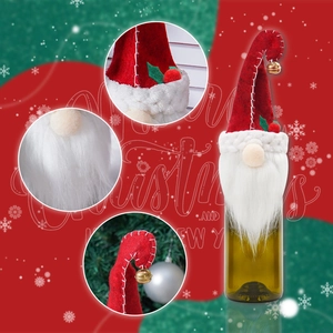 Detailed view of Christmas gnome wine bottle cover with felt hat and plush white beard