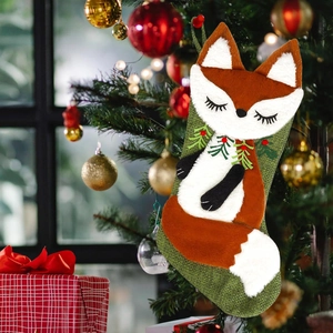 3D Plüsch Fuchs Weihnachtsstrumpf Grün Leinenimitat Hängende Deko Für Kamin Feiertag Party Deko Große Geschenktüte