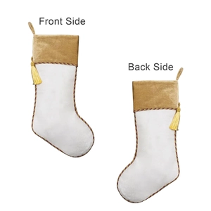 White plush and gold velvet Christmas stocking with tassel detail, front and back view