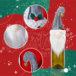 Christmas gnome wine bottle cover detail showing grey felt hat and white faux fur beard