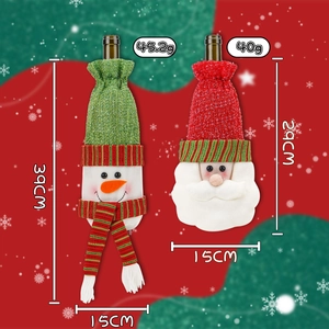 Detailed knit wine bottle covers featuring Santa and Snowman designs with dimensions