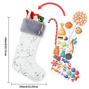18-inch white plush Christmas stocking with silver glitter branches and grey faux fur trim
