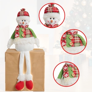 Christmas snowman plush toy with long legs, red green plaid hat and cozy scarf